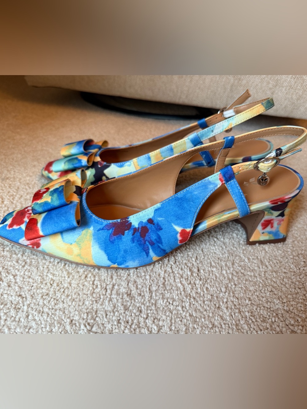 J. Renee Greer Women Blue Yellow Green Floral Bow Slingback Heels Shoes Pumps 11